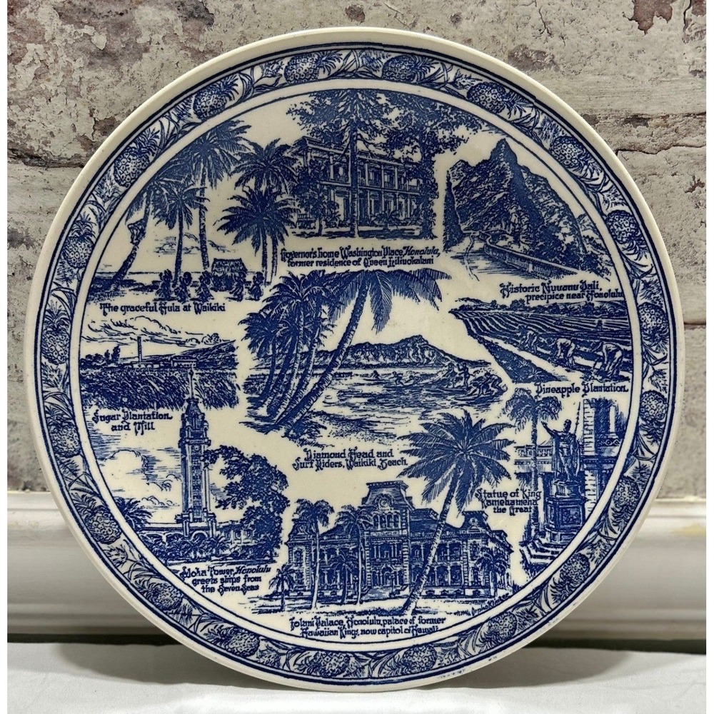 Vintage Vernon Kilns Honolulu Hawaii Souvenir Plate Blue Transferware 10.5in